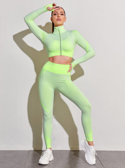 2PCS Seamless Women Yoga Set Workout Sportswear Gym Clothing Fitness Long Sleeve Crop Top High Waist Leggings Sports Suits