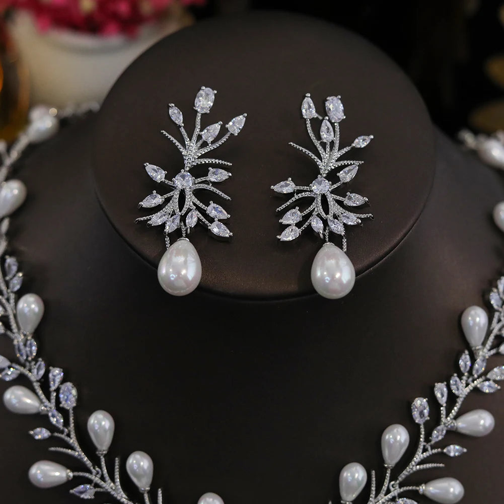 Luxury White Cubic Zirconia Big  Pearl Necklace and Earrings Wedding Bridal Party Jewelry Sets for Women Envio Gratis Todo X0470