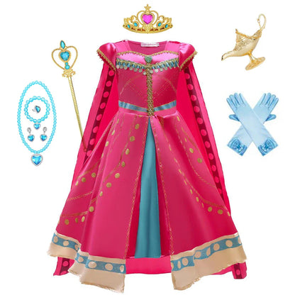 Princess Costume for Girls Arabian Dress for Kids Aladdin Cosplay Christmas Halloween Party with Gloves Crown Wand Accessories