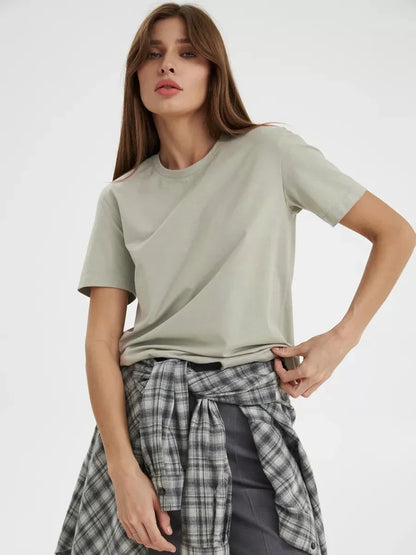 Summer 100% Cotton Women's T-shirt Bottoming Basic Fashionable Lady Short Sleeve Loose Tops Shirts Solid 230g/㎡ Tops