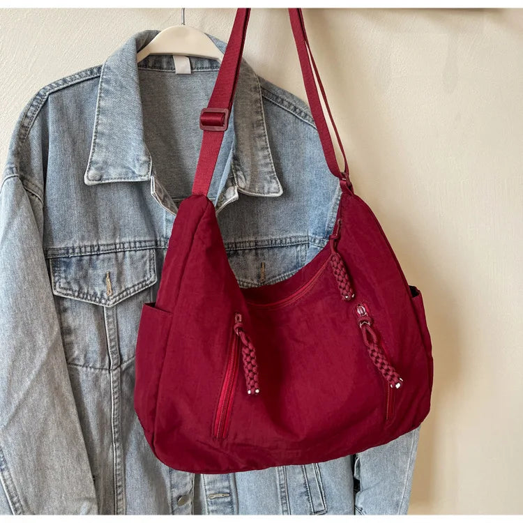 Summer Women Solid Color Shoulder Bag Fashion Lightweight Versatile Travel Crossbody Bag Commuter Nylon Large Capacity Hobo Bag
