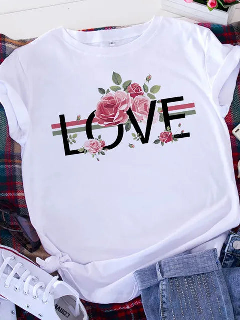 American Retro Letters Love White T-shirt Women Short Sleeve Round Neck Loose Large Size Casual Top Oversized
