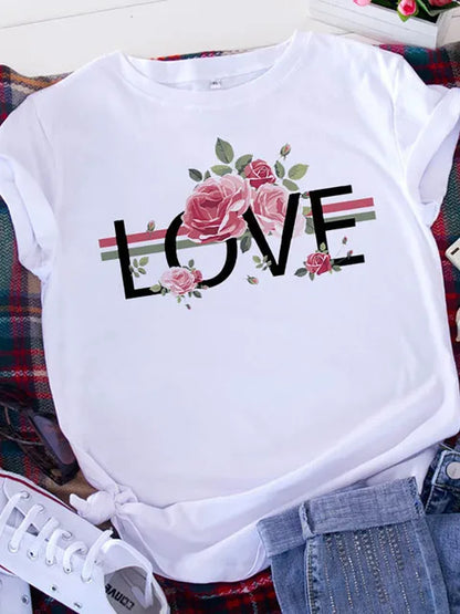 American Retro Letters Love White T-shirt Women Short Sleeve Round Neck Loose Large Size Casual Top Oversized