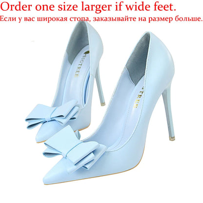 Female New Elegant 10.5cm High Heels Pumps Lady Sky Blue Butterfly Knot Design Princess Shoes Women Glam Pointed Toe Shoes