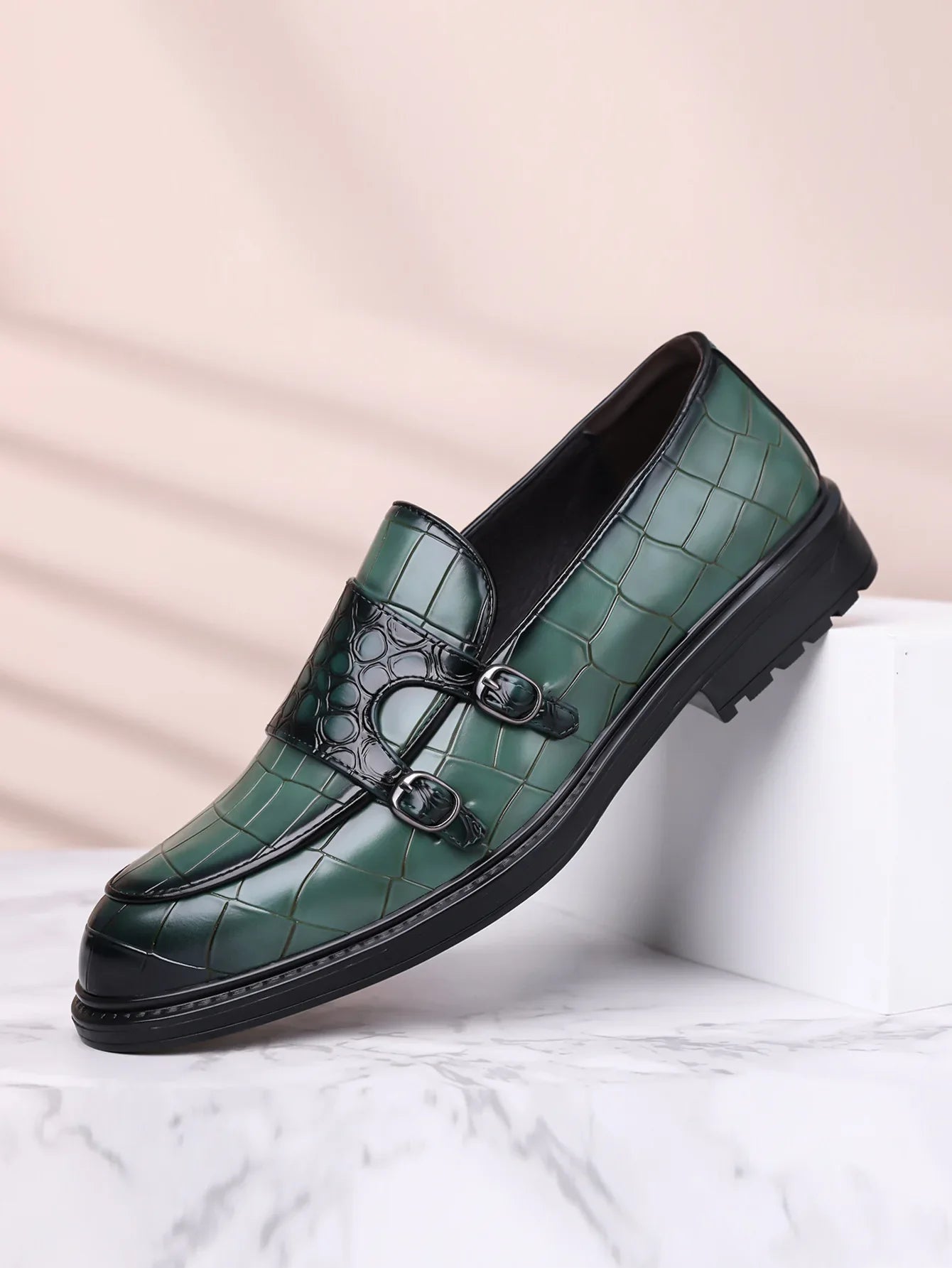 Classic Leather Men's Loafer Shoes Slip-on Double Buckles Green Black Shoes Wedding Party Formal Shoes for Men Zapatillas Male