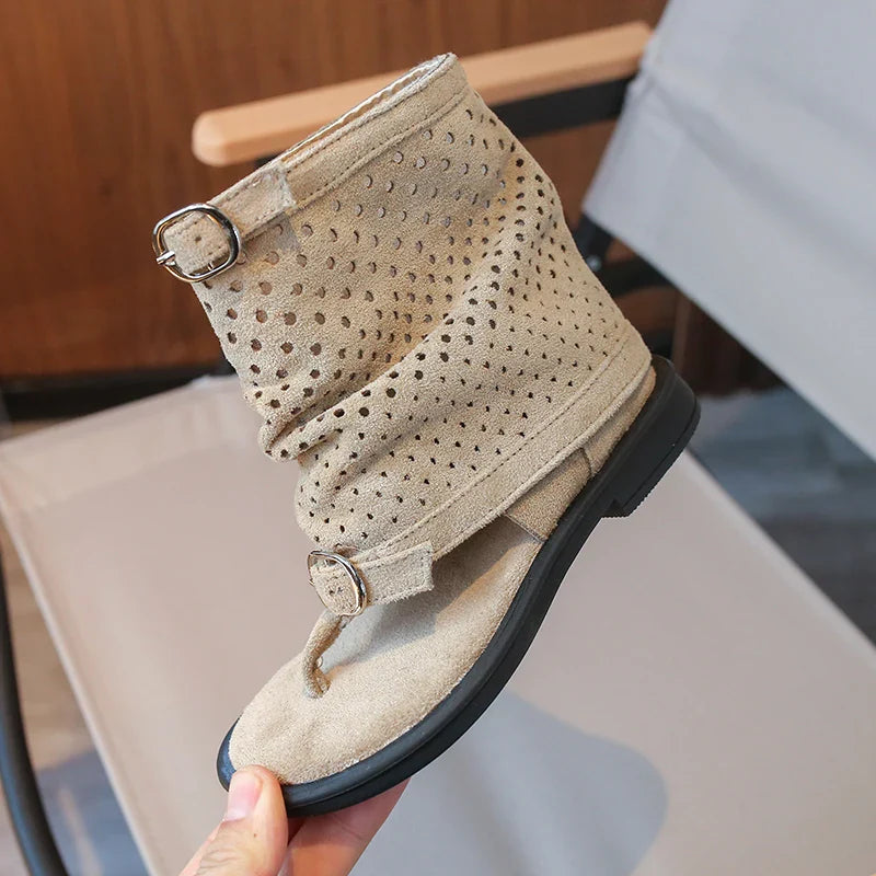 Ankle-strap Summer Slouchy Boots for Girls Suede Leather High-top Sandals Princess Cut-outs Flip Flop Dress Shoes Child J03203