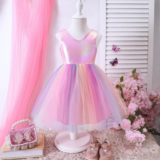 Toddler Girls' Rainbow Gradient Mermaid-Style Sleeveless Dress - Iridescent Mesh Skirt, Spring & Summer Party Princess Dress
