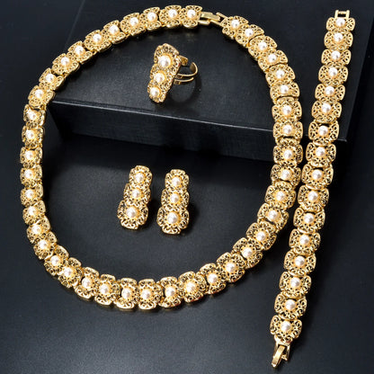 Conjunto de joias de luxo Dubai para mulheres, moderno, colar de pérolas, pulseira, anel, brincos, conjunto de joias banhadas a ouro 18k
