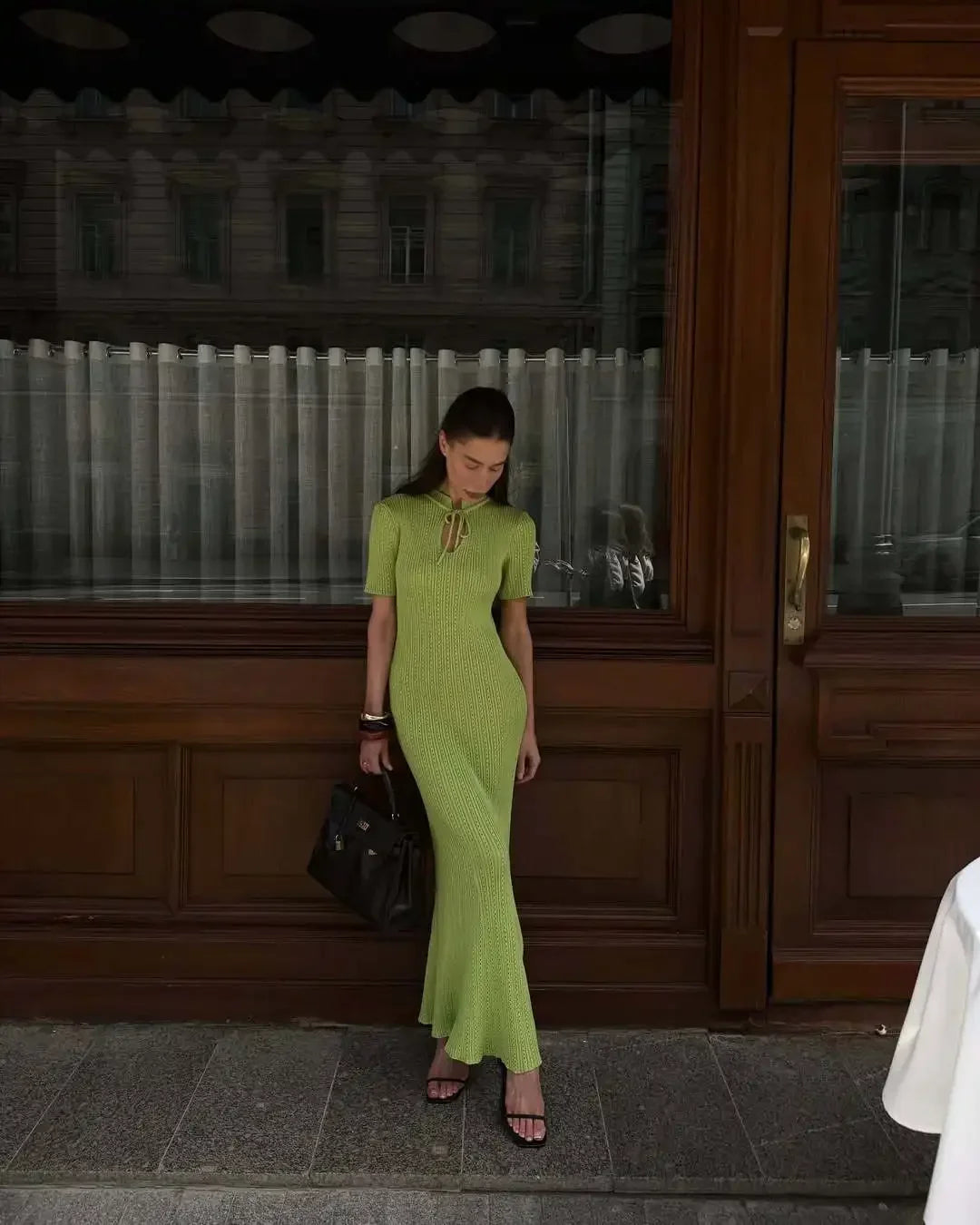 Long Dress Female Short Sleeve Slim Hollow Retro Elegant Sweater Dress 2025 Summer High Waist Woman Dress