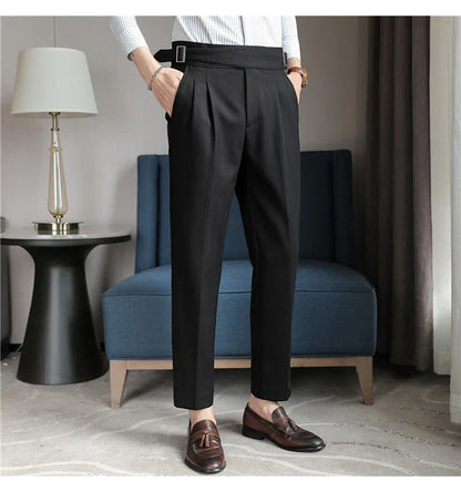 Luxury Men's Slim High-Rise Dress Pants - Heavyweight Subtle Stripe with 3D Pleats & Naples Tailoring