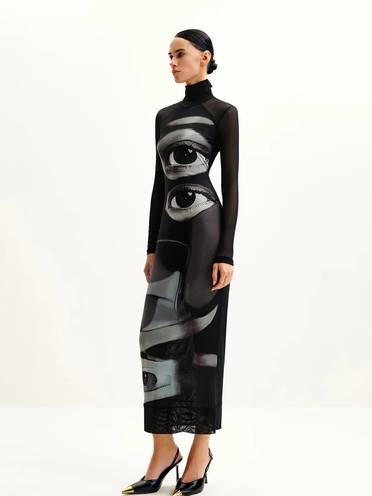 Fashion Women's Maxi Dresses Printed Turtleneck Regular Long Sleeves Sheath Slim Fit Eyes Causal Streetwear Vestidos