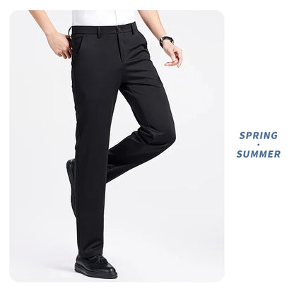 Men Spring Summer Thin Formal Dress Pants High Quality Elastic Waist Business Casual Suit Trousers Work Office Black Long Pants