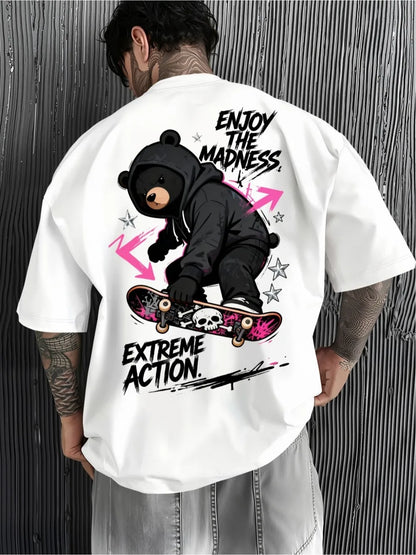 American men's summer trend skateboard teddy bear letter print soft and breathable round neck T-shirt outdoor casual top