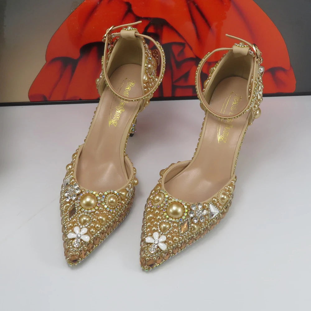 Luxury Champagne Golden Crystal wedding shoes matching bags woman fashion Thick heel Women party dress shoes Pointed Toe shoes