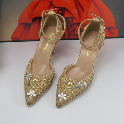 Luxury Champagne Golden Crystal wedding shoes matching bags woman fashion Thick heel Women party dress shoes Pointed Toe shoes