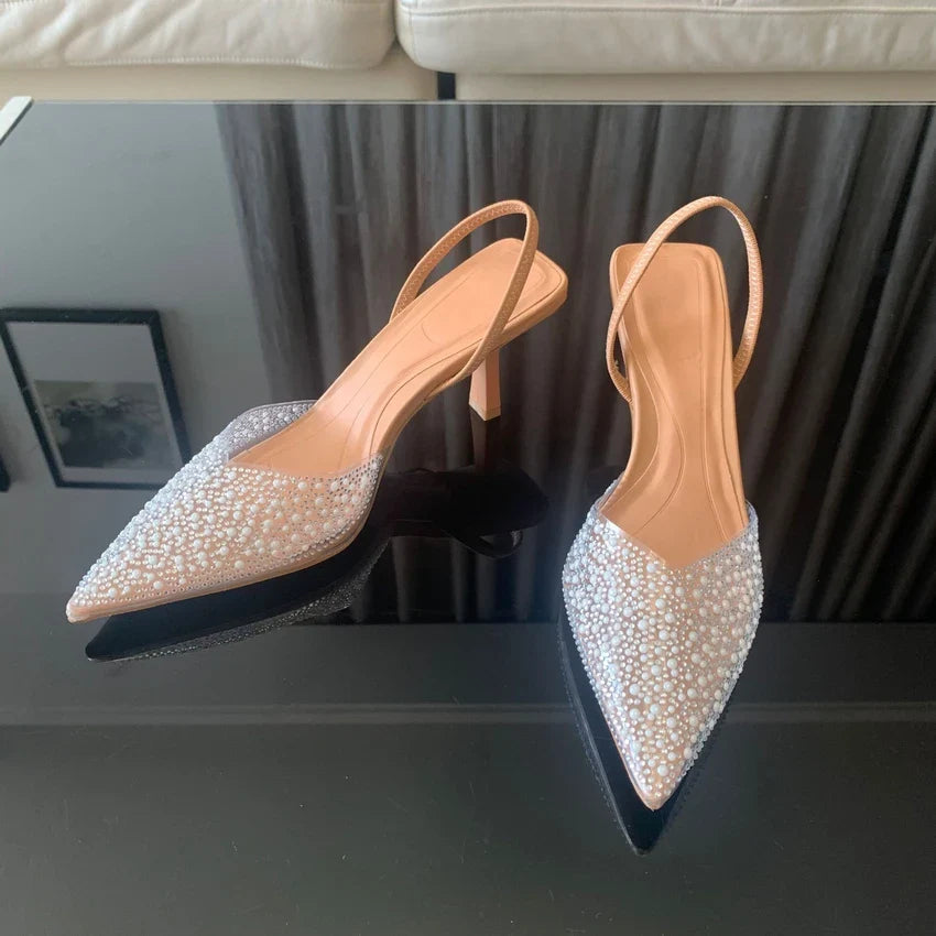 2024 Moda Verão Feminina Salto Alto Decoração de Pérolas Slingback Scarpin Feminino Salto Fino Bico Fino Sandálias Sapatos Femininos Elegantes