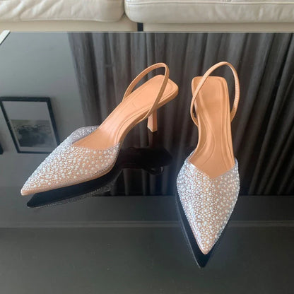 2024 Moda Verão Feminina Salto Alto Decoração de Pérolas Slingback Scarpin Feminino Salto Fino Bico Fino Sandálias Sapatos Femininos Elegantes