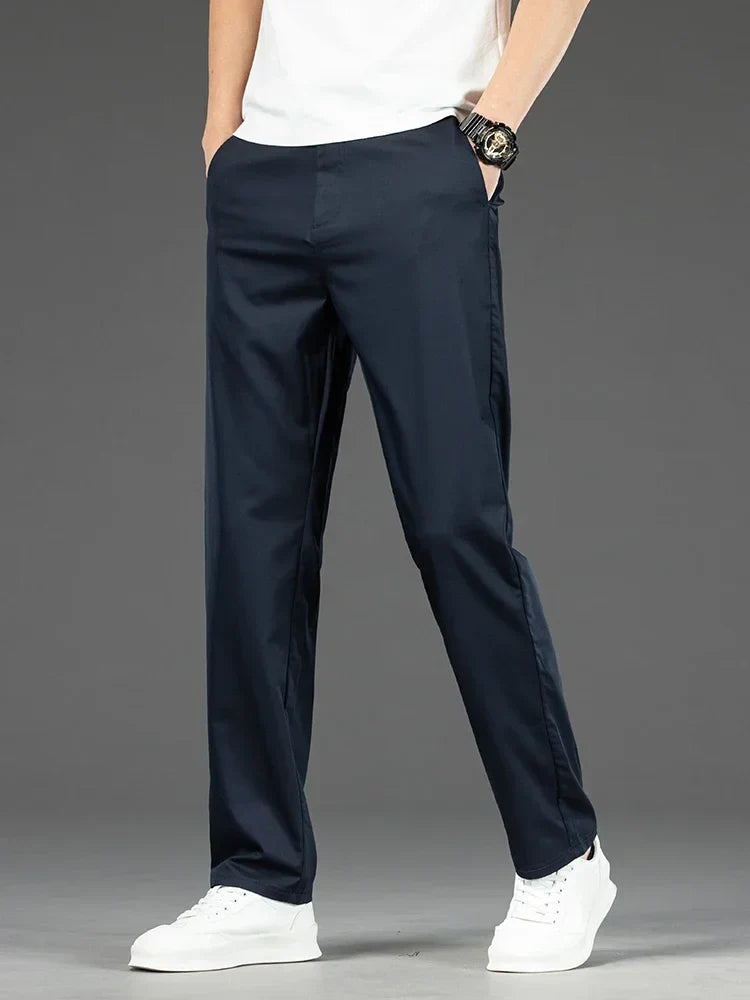 Thin Men Bamboo Summer Pants Casual High Quality Business Classic Fashion Stretch Slim Formal Straight Trousers Black Gray Khaki