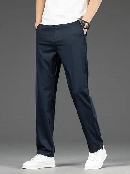 Thin Men Bamboo Summer Pants Casual High Quality Business Classic Fashion Stretch Slim Formal Straight Trousers Black Gray Khaki