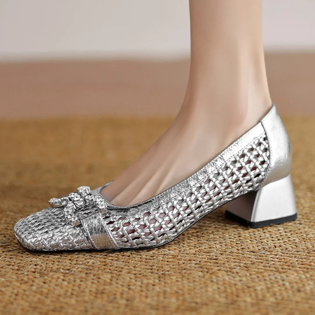 Women's genuine leather braided microfiber patchwork summer breathable pumps crystal buckle 4cm thick med heel daily dress shoes