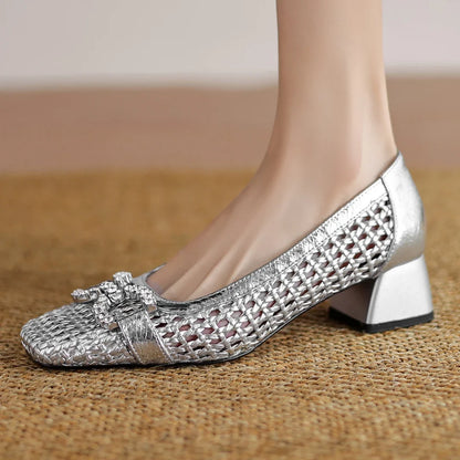 Women's genuine leather braided microfiber patchwork summer breathable pumps crystal buckle 4cm thick med heel daily dress shoes
