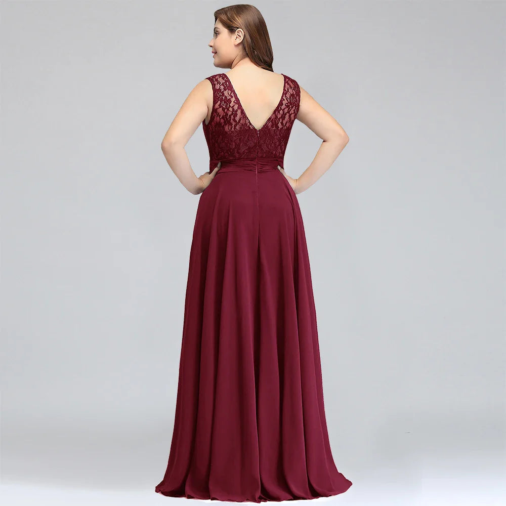 Burgundy Plus Size Bridesmaid Dresses Long V Back Sleeveless Evening Party Prom Gowns A-line Birthday Gift Women Robe De Soiree