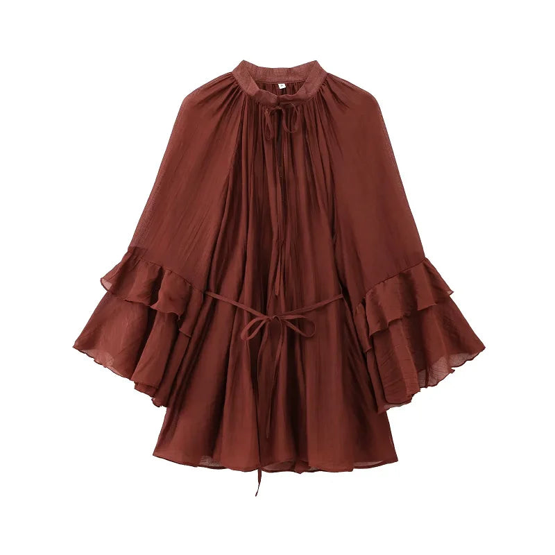 Woman 2025 Dress Ruffle Long Sleeve Mini Dress Summer Tie Fairy Short Dresses For Women Pleated Elegant Party Dresses 088