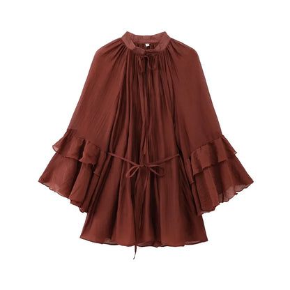 Woman 2025 Dress Ruffle Long Sleeve Mini Dress Summer Tie Fairy Short Dresses For Women Pleated Elegant Party Dresses 088