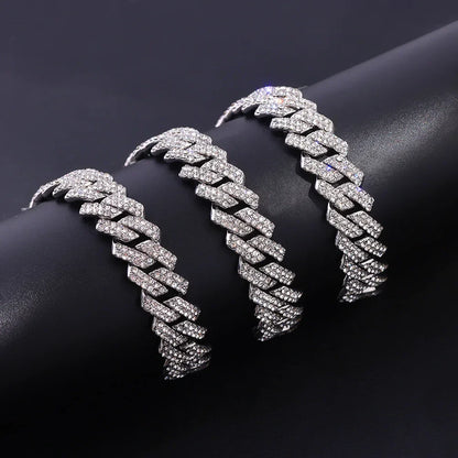 HipHop Men Women 14MM Prong Cuban Link Chain Necklace Bling Iced Out 2 Row Rhinestone Paved Miami Rhombus Cuban Necklace Jewelry