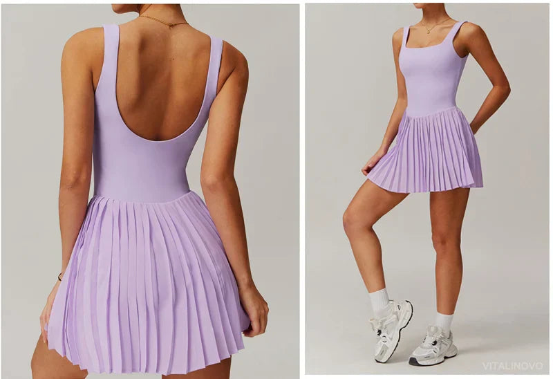 Workout Tennis Dress with Built in Shorts Square Neck Padded Workout Dress with Pockets Golf Athletic Mini Dresses