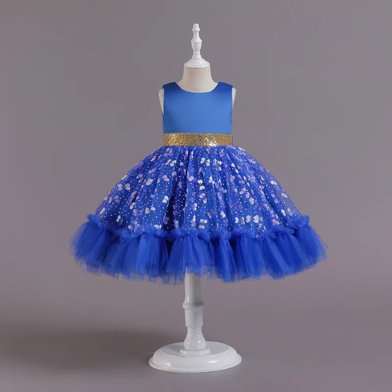 New Baby Kids Girls Elegant Printed Butterfly Flower Princess Party Tutu Dresses Children Sequins Wedding Evening Girl Clothes