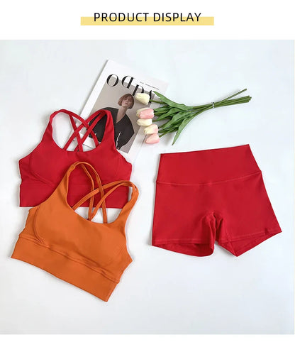 2Pcs Yoga Sets Naked Feel Gym Set Women Workout Clothes High Waist Yoga Shorts And Strappy Sports Bra Short Sets Summer