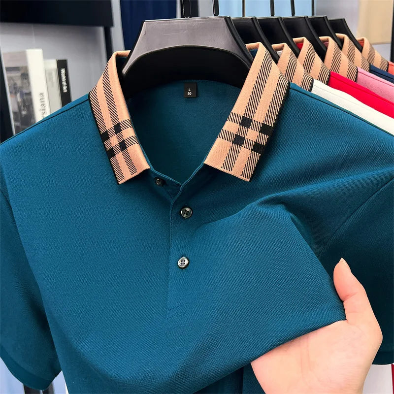 Fashion brand plaid lapel short sleeve polo shirt men summer new style simple solid color high-end business casual golf T-shirt