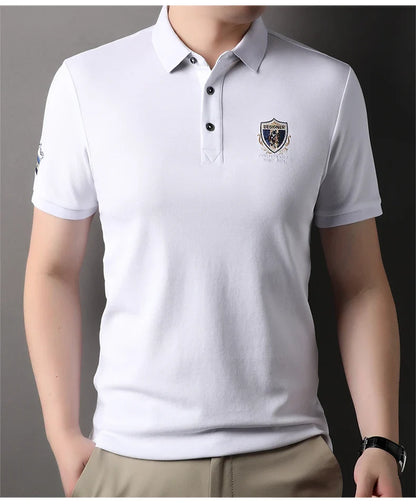 High end luxury silk cotton short sleeve POLO shirt men's summer fashion brand embroidered T-shirt cool wrinkle resistant top