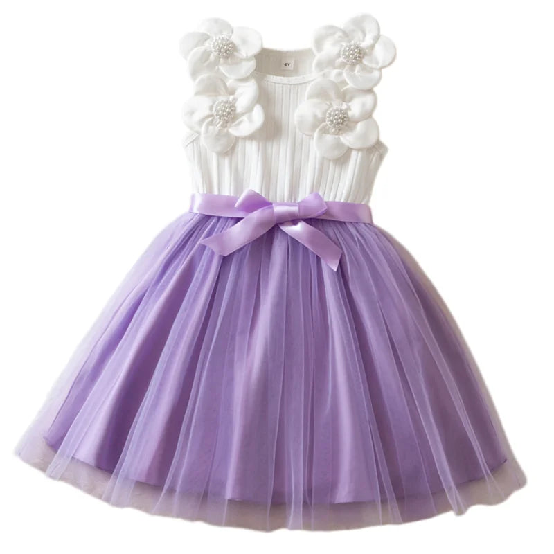Girls Elegant Tulle Princess Dress Floral Decor Kids Vest Mesh Dress Children 2026 Summer Fanshion Clothing