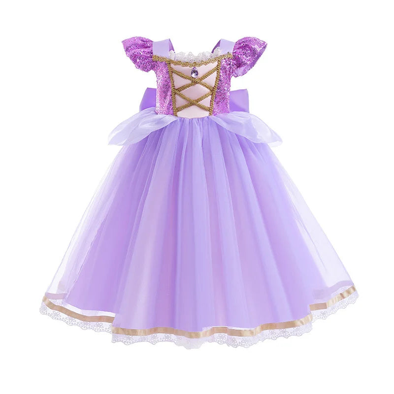 Short Sleeve Purple Puffy Dress + Accessories Girls Cosplay Rapunzel Summer Casual Dress Birthday Party Gift
