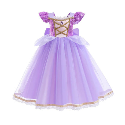 Short Sleeve Purple Puffy Dress + Accessories Girls Cosplay Rapunzel Summer Casual Dress Birthday Party Gift