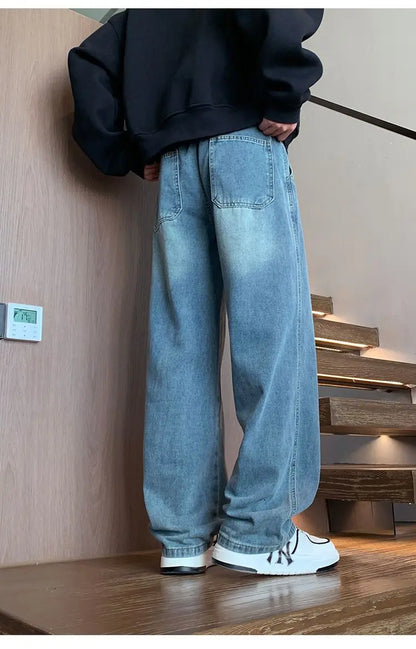 Calças masculinas casuais, calças retas soltas, primavera verão, nova moda, jeans masculinos de cintura alta com pernas largas