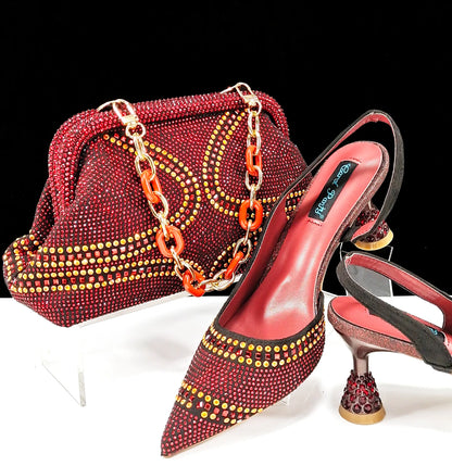 Italian Pumps and Bag To Party 2024 INS Style Pointed-Toe Rhinestone Elegant High Heels Champagne Wedge for Women
