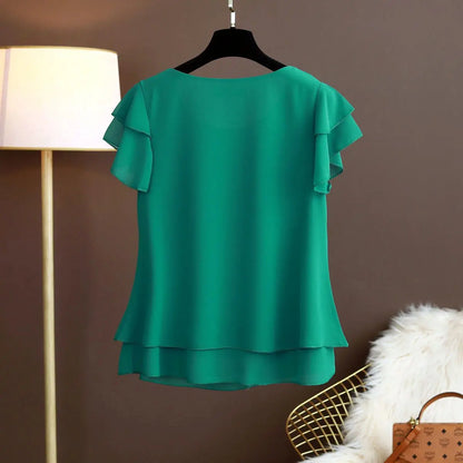 Fashion Brand Summer Oversized Loose and Thin Casual Blouse Top Short Sleeve Chiffon Top White Blouse Green Women’s Tops M-6XL