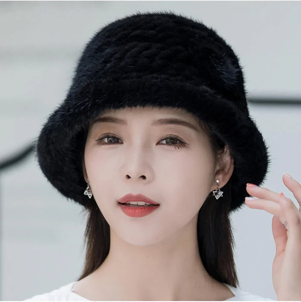 Woman Hat Winter Solid Mink Caps With Flower Natural Mink Fur Hats New Russian Girl Soft Knitting Real Fur Bucket Hats 2026 Warm