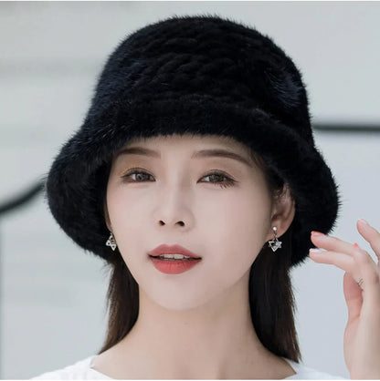 Woman Hat Winter Solid Mink Caps With Flower Natural Mink Fur Hats New Russian Girl Soft Knitting Real Fur Bucket Hats 2026 Warm