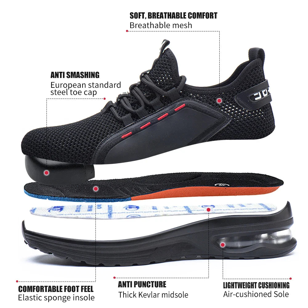 Men's Summer Mesh Safety Shoes Steel Toe Anti- Crush Breathable Lightweight Work Shoes Knitted Upper Kevlar Insertion Proof