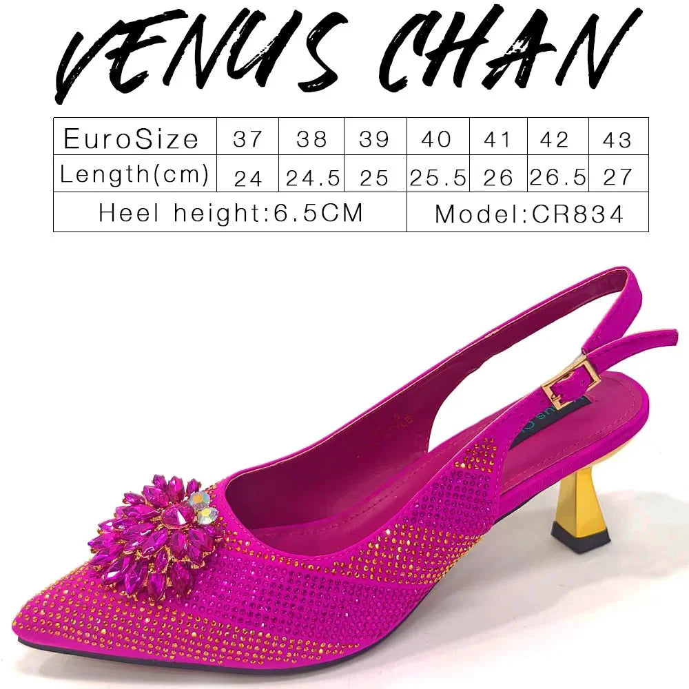 Italian Design Rhinestone Luxury Wine Colour Pointed Toe Shoe & Bag Set Women's High Heels for Parties