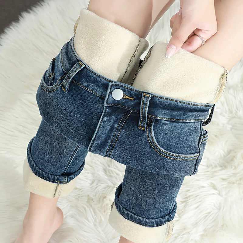 Calças Jeans Femininas de Inverno Quentes de Lã Retrô Elásticas Grossas Confortáveis Retas Modernas Coreanas Casuais de Veludo Denim