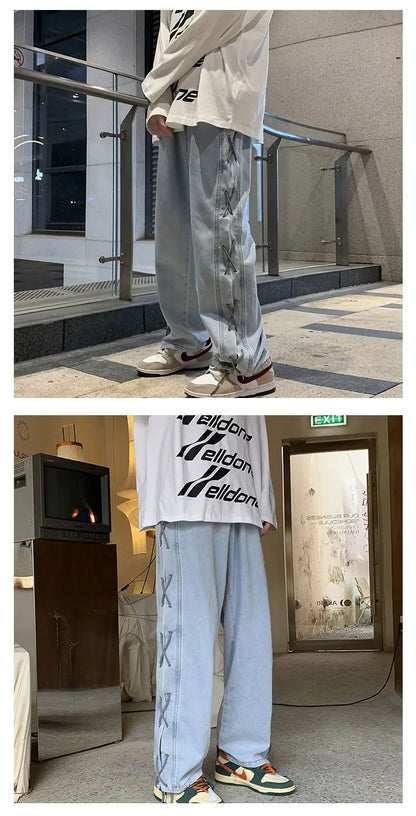 Streetwear Y2k Jeans Pants Lace Up Baggy Black Jeans Man Pants Designer Clothes Side Split 2023 Korean Fashion New