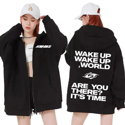 Ateez The World Ep. Fin Will Album Tour 2024 Zipper Hoodies Men Women Korean Fashion Zip Up Sweatshirt Casual Jacket Hoodie Tops