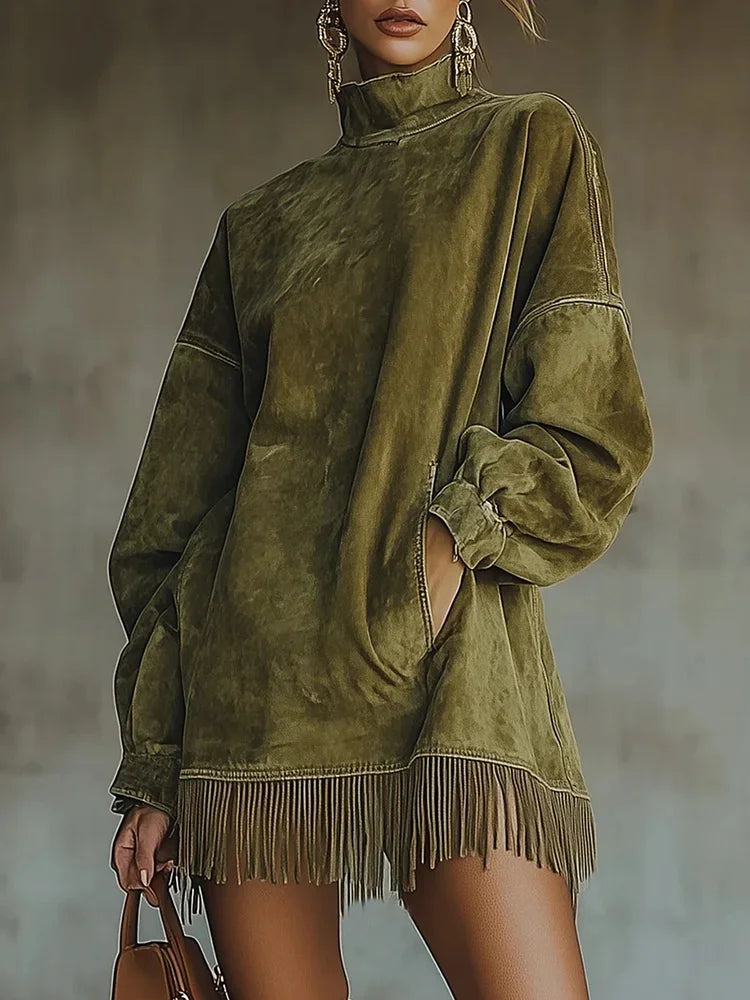 Retro Suede Tassel Women Mini Dress High Neck Long Sleeve Pockets Fringe Hem Party Dress American Retro Autumn Street Dress