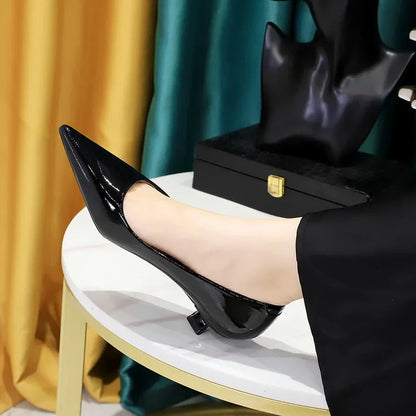 Women Comfortable 3.5cm High Heels Shallow Pointed Toe Work Pumps Lady Glossy Leather Low Heels 2024 Luxury Brand Designer Shoes