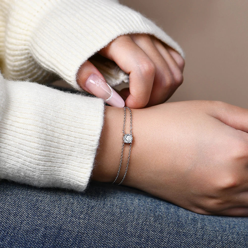 S925 Silver Double Chain Solitaire Moissanite Women Bracelet Adjustable 16+3cm Elegant Everyday Jewelry Gifts Wholesale